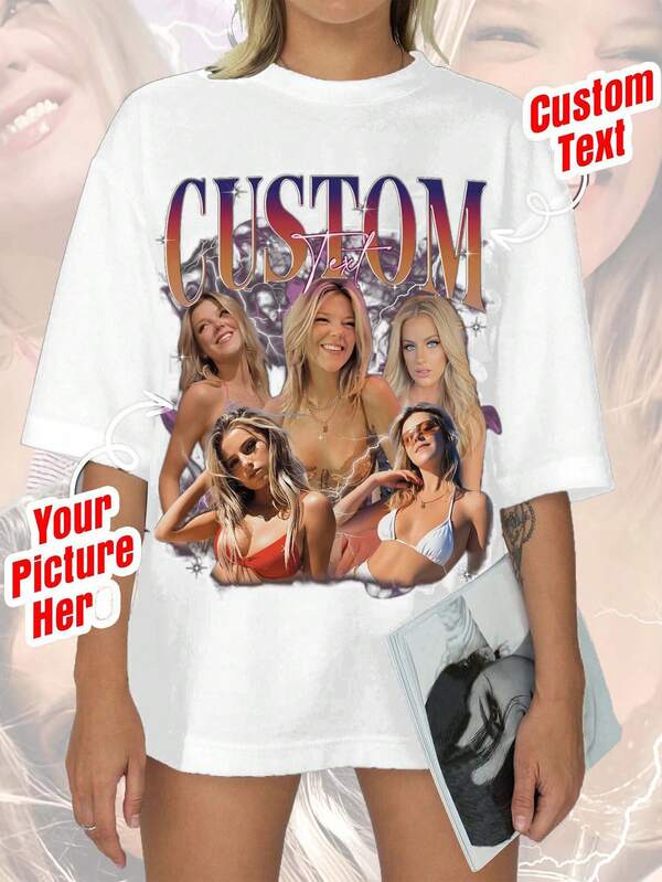 Customized Photo T-Shirt, Personalized T-Shirt, Customized 90s Retro Hip Hop T-Shirt, Gift For Girlfriend/Wife, Valentine's Day Gift, Pet Customization, Add Your Own Text And Images (Family Photo/Selfie/Pet Photo/Friend Photo/Party Photo) To Design Your Own Personalized Printed T-Shirt, Anniversary Gift, Valentine's Day, Christmas