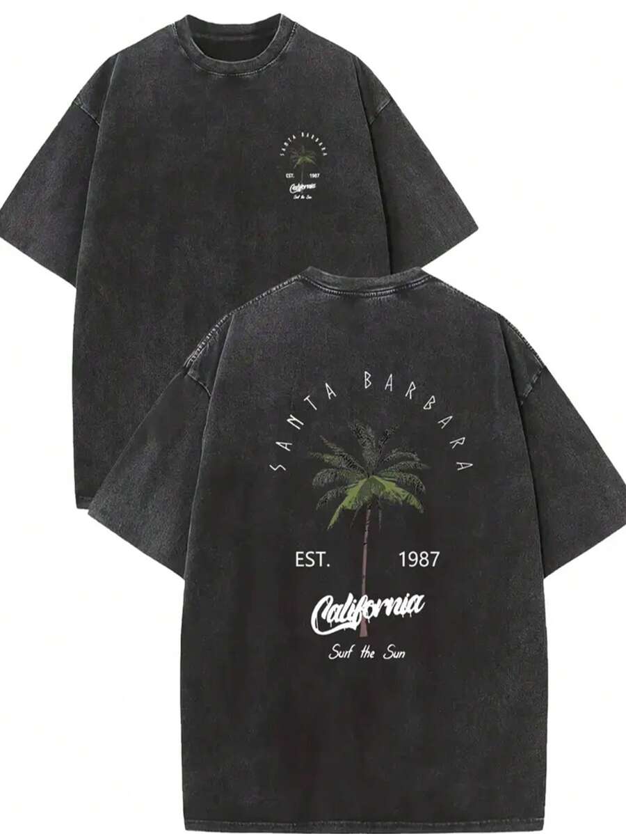 Men's Retro California Style Cotton T-Shirt-"Est.1989" Coconut Tree Design, Short Sleeves, Round Neck, Casual Summer Clothes, Machine Washable, Summer Casual Clothes |TiedyeT T-Shirt Back Design, Retro T-Shirt. - 黑色 - 查看 1