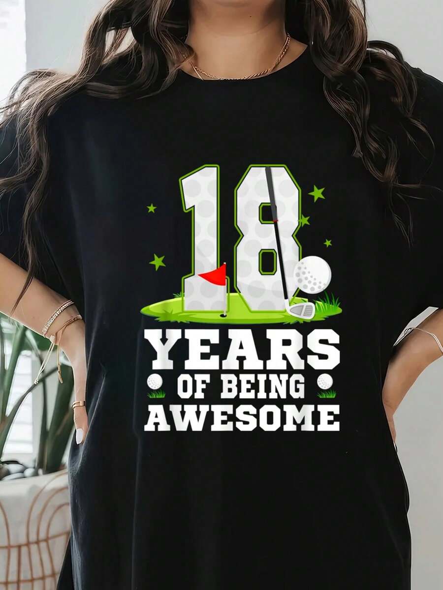 18 Years Of Being Awesome 18th Birthday Golf Theme T-Shirt Print T-Shirt, Short Sleeve Round Neck Casual Top For Summer & Spring, Women's Clothing - 黑色 - 查看 1