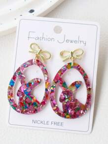 1 Pair Acrylic Bling Sequin Rabbit Eggs & Bow Knot Earrings, Exaggerated Festival Party Dangle Studs