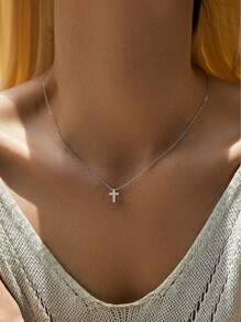 1pc Elegant Cubic Zirconia Decorated S925 Sterling Silver Cross Pendant Necklace, Gift For Women
