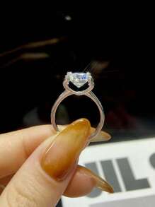 1 件 1 克拉 4 爪圆形设计 D 色迷人莫桑石钻石订婚结婚戒指女士求婚戒指新娘珠宝奢华珠宝礼物 - 銀色 - 查看 2