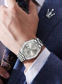 TOMI Men's Quartz Watch With Crown Brooch Ring Set, Minimalist Design With Rhinestone Dial, Zinc Alloy Strap, Gift Box For Daily Life, Business Events, Father's Day, Valentine's Day, Christmas, - White - View 6