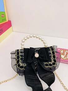 1pc Fashionable And Sweet Small Crossbody Bag, Fashionable And Stylish Cute Girl Bag, Cute Little Girl Coin Purse, Faux Pearl Hand Chain Shoulder Strap, Magnetic Buckle Closure, Crossbody Handbag, Suitable For Girls To Go Shopping And Attend Parties, With A Sweet And Cute Bow Ribbon Decoration Handbag, It Is Also A Good Choice To Give Friends And Family Birthday Gifts - Pearl Handbag - View 5