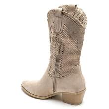 Bottes Mi-Mollet Style Western En Suede Ajourée - Beige - View 3