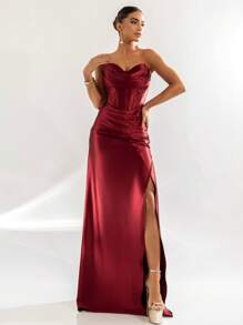LONG PARTY DRESS WEDDING LAUNCH GODMOTHER FASHIONISTA STRAPLES WITH SLIT - Redwood - View 1