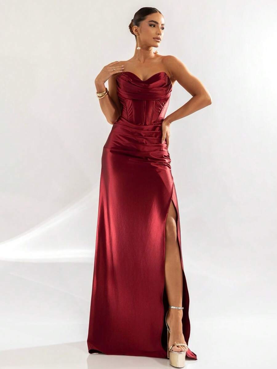 LONG PARTY DRESS WEDDING LAUNCH GODMOTHER FASHIONISTA STRAPLES WITH SLIT - Redwood - View 1