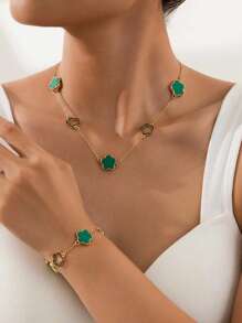 Conjunto de 2 peças/conjunto elegante europeu minimalista de metal flor da sorte colar pulseira joias conjunto de presente