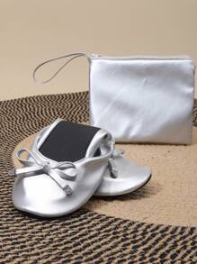 Women's Soft & Comfortable Foldable Ballet Flats With Round Toe, Thin Sole, Slip-On Design, Includes Matching Storage Bag, Suitable For All Seasons - Silver - View 8