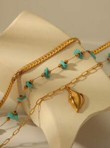 GEREIT Set de 3 piezas de colgante y tobillera con estilo bohemio, enchapado en oro de 18K, con turquesa y conchas marinas en capas, adecuado para uso diario y vacacional de mujeres - concha - Ver 2