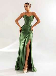 LONG PARTY DRESS WEDDING LAUNCH GODMOTHER FASHIONISTA STRAPLES WITH SLIT - Olive Green - View 1