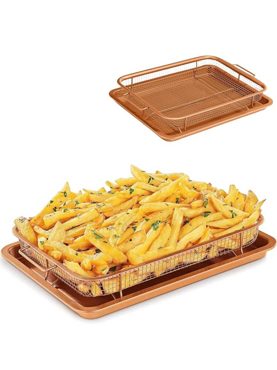 2 piezas Bandeja para hornear de freidora de aire - Color bronce, diseño de cesta antiadherente, apta para horno regular, cocción talla grande saludable - Hornea fácilmente papas fritas crujientes, tocino y talla grande, diseño de rejilla de estante alto, horno