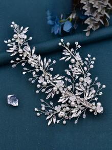 1pc Shiny Metallic Leaf & Floral Rhinestone Decor Hair Clip, Fashion Elegant Headpiece For Women, Wedding Bridal Dress Accessories, Party Gift - Silver - View 8