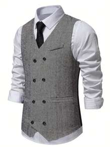 Retro Striped Double-Breasted V-Neck Men's Suit Vest Jacket