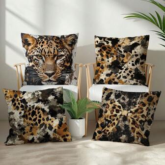 4pcs Leopard & Bow Leopard Print Decorative Pillow Covers, 45x45cm Single Side Print, Soft Plush Material, Suitable For Home, Bedroom, Living Room, Sofa, Gift