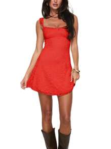 Women Lace Dress, Sleeveless Backless Slim Fit A-Line Dress Summer Mini Slip Dress - Red - View 2