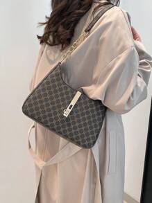 Fashionable Large Capacity Textured 2025 Print Lock Clasp New Casual Chain Shoulder Underarm Bag - Coffee - View 4