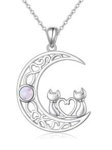 1pc Cute Kitty, Heart & Moon Pendant Necklace With Synthetic Crystal, Minimalist Design For Women
