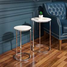 Nesting Table, Set 2 Round Side Table Chrome Glossy End Table For Living Room - 白色 - 查看 7