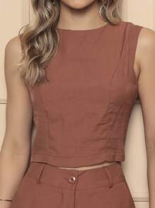 Women's Casual Tailored Set Plain Blouse With Long Trousers - 鏽棕色 - 查看 2