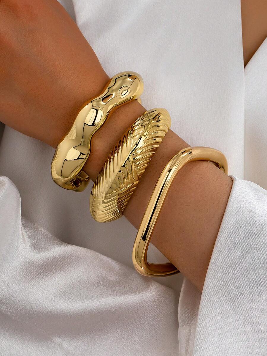 1 Conjunto de Braceletes Grossos À Prova d'Água para Mulheres, Pulseiras Empilháveis com Formato Quadrado, Jóias - Dourado - Visão 1