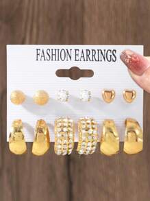 12 件简约女士金属耳环套装，带水钻、纹理和心形耳钉，时尚百搭，适合日常生活或约会、节日礼物珠宝 - 金色 - 查看 7