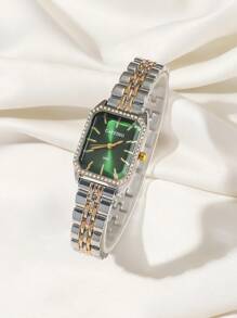 CARYINO 1 pieza Correa de reloj de acero inoxidable de dos tonos para mujer. Forma cuadrada clásica, reloj de cuarzo elegante y versátil con circonita cúbica de precisión. Adecuado para la vida diaria, negocios y reuniones. - Multicolor - Ver 3