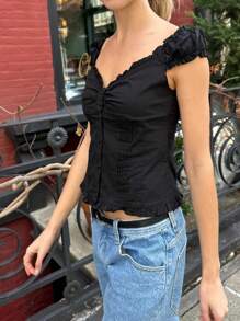 Women's Y2K Fairycore Shirt Top Vintage Cap Sleeve Button Down Ruffle T Shirts Tops Solid Color Slim Fit Frill Tees Summer Blouses Casual Going Out Tops Aesthetic Clothes Streetwear - màu đen - Xem 4