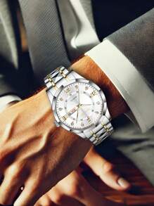 1 件男士商务休闲石英手表，带铆钉钢表带 - 白色 - 查看 5