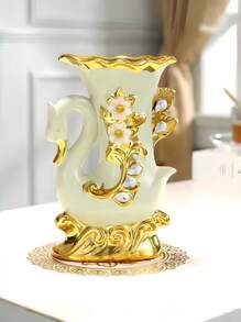 1pc Elegant Ceramic Swan Vase With Golden Accents - Living Room Decorative Vase, Swan Figurine For Living Room, TV Cabinet, Liquor Cabinet, Artificial Flowers, Upgrade Ambiance, Beautiful Housewarming Gift