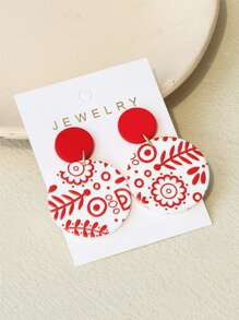 1 Pair Women Minimalist Floral Printed Resin Acrylic Round Elegant Cute Earrings