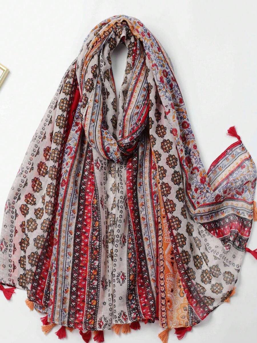1pc Spring/Autumn Floral Print Tassel Edge Scarf/Shawl - Multicolor - View 1