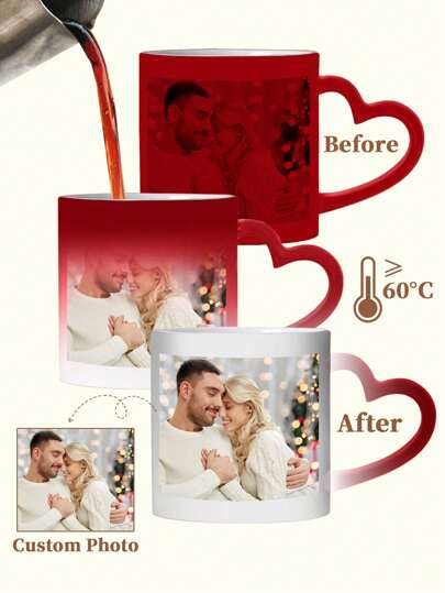 1pc Custom Photo Color-Changing Heart-Shaped Mug, Personalized Photo Coffee Mug, Heat Sensitive Color Changing, Personalized Photo Anniversary Mug, Housewarming Gift, Valentine's Day Gift, Anniversary Gift, Graduation Gift, Mother's Day Gift, Father's Day Gift, Ideal Gift For Dad/Mom/Grandma/Grandpa, Unique Gift For Wife/Husband, Perfect Gift For Boyfriend.