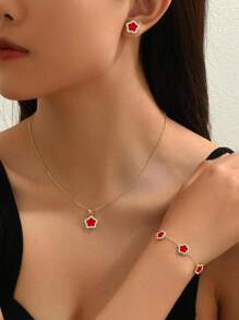 Winglove 4pcs/Set Style Five-Leaf Flower Earrings Necklace Bracelet Jewelry Set - Fashion Lucky Flower Jewelry Set Suitable For Daily Wear Christmas New Year Valentine's Day Holiday Gift - Yellow Gold - View 9