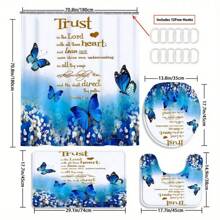 4PCs Flowers With Butterfly Curtain Shower Curtain Decoration, Beautiful Housewarming Gift Modern Home Decoration, Waterproof Shower Curtain And Toilet Floor Mat Three-Piece Set Comes With 12 Shower Curtain Hooks Bathroom Decor Fall Decor Bathroom Accessories Back To School