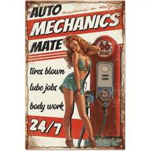 1 pieza Letrero de lata con temática vintage de mecánico de automóviles, decoración de pared metálica de estilo retro con publicidad de estación de servicio, arte de pared estilo pin-up, decoración para garaje y bar en casa, con orificios pretaladrados para un montaje fácil, 8x12 pulgadas