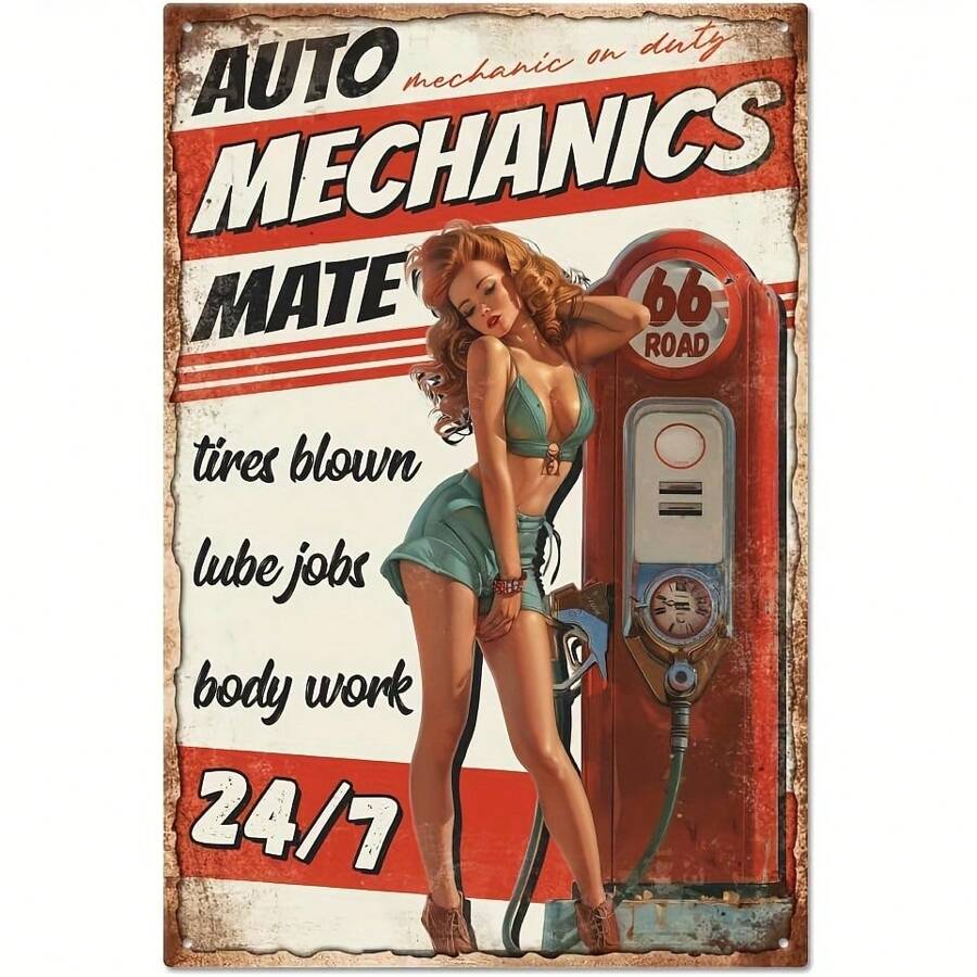 1 pieza Letrero de lata con temática vintage de mecánico de automóviles, decoración de pared metálica de estilo retro con publicidad de estación de servicio, arte de pared estilo pin-up, decoración para garaje y bar en casa, con orificios pretaladrados para un montaje fácil, 8x12 pulgadas