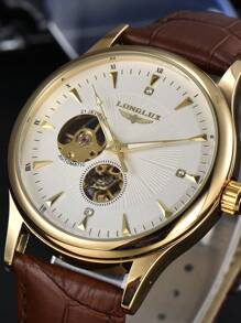 LONGLUX 1pc Men's Hollow Automatic Mechanical Watch, Fashionable Casual Leather Strap Watch, Gift - Coffee Brown - View 5