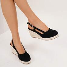 女士舒适防滑春夏度假米色黄麻绳黑色坡跟厚底凉鞋