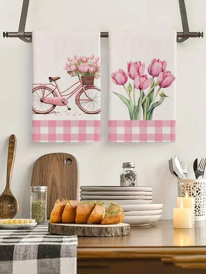 2pcs Spring Flower Pattern Kitchen Decorative Towels, Bathroom Hand Towels, Dish Cloths, Decoration For Kitchen, Dining Table, Seasonal Home Decor, Indoor/Outdoor Party Supplies, Suitable For Daily Kitchen Decor And Holiday Decoration