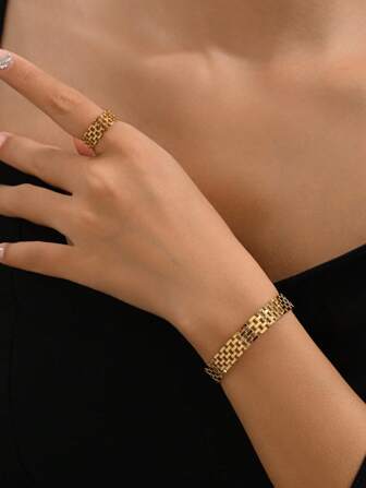 2pcs/1Set 18K Gold Plated Gorgeous Style Stainless Steel Bracelet Ring Ladies Jewelry Wedding Party Dating Gift