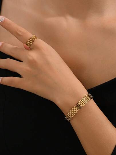 2 حبة/مجموعة واحدة سوار وخاتم مجوهرات من الفولاذ المقاوم للصدأ بطبقة من الذهب عيار 18 قيراط، أنيق لحفلات الزفاف والتنزه هدية للسيدات