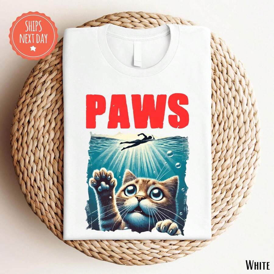 100% Cotton Paws Kitten Jaws Shirt - Funny Cat Shirt - Cute Cat Shirt - Paws Jaws Shirt - Cat Lover Gift - Cat Paws Jaws Tshirt - Cat Parents TShirt Comfortable Designer Clothes Breathable For Women Streetwear Stylish Graphic Stretched Unisex Summer Versatile Print Round Neck Short Sleeve Slightly Casual Fashion - 白色 - 查看 1