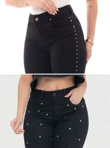 KIT Feminino 2 Peças - Calça Flare Jeans Preto Levanta Bumbum com Detalhes de Strass Brilho Cintura Alta - pontos + spike na lateral - Visão 2