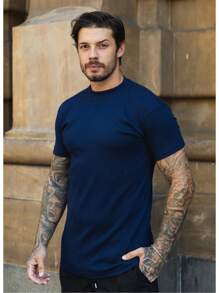 Slim Ribbed Plain Basic American Style Streetwear Fitted Ribbed T-Shirt - 藏蓝色 - 查看 3