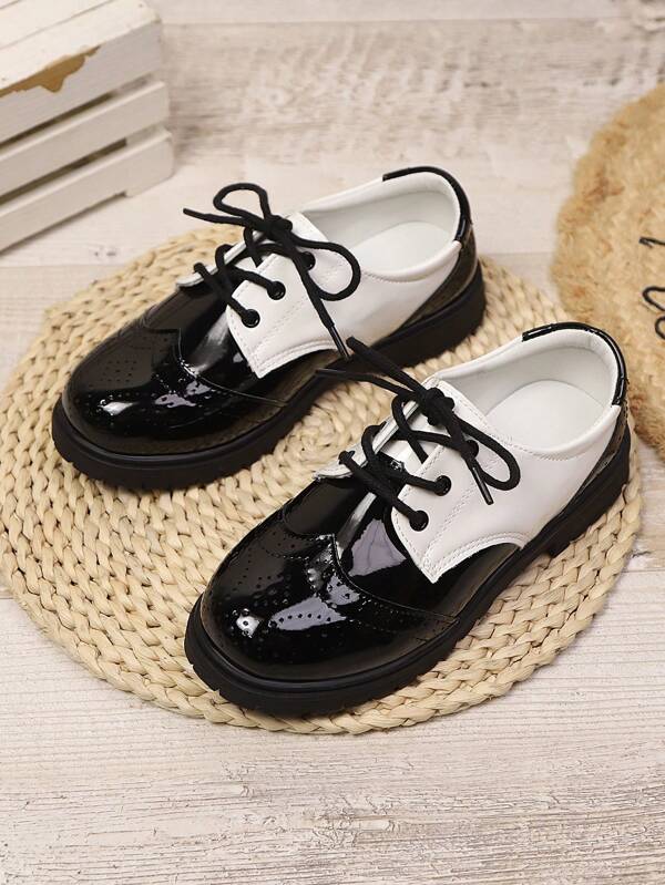 Boys' Fashion Lace-Up British Style PU Leather Non-Slip Flat Dress Shoes, For Performance, Party, Suitable For All Seasons