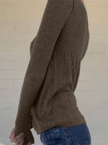 Women Long Sleeve T-Shirts Solid Color Buttons Sqaure Neck Casual Shirts Spring Fall Fashion Slim Fit Knit Tops Streetwear - Brown - View 3