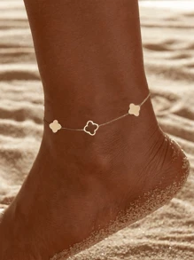 1pc Lucky Clover Leaf Pendant Anklet, Stainless Steel Material, 18K Gold Plated, Elegant & Fashionable, Suitable As Gift, Daily Wear, Beach Vacation Accessory - Gold - View 2