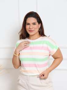 Plus Size Striped Blouse Short Sleeve Folded Japanese Viscolycra G1 - 薄荷綠 - 查看 5