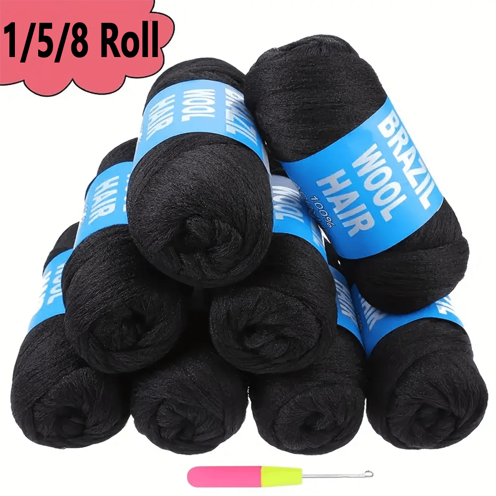 1/5/8 Roll Natural Black Brazilian Wool Hair Yarn For Hair Braiding Crochet Hair Senegalese Twisting African Braids Jumbo Braids Faux Locs African Braids Knitting Hair Braids 70G/Roll,1B